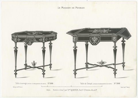 Set of 2 Antique Furniture Prints of Various Tables by Quetin, circa 1860, view 3