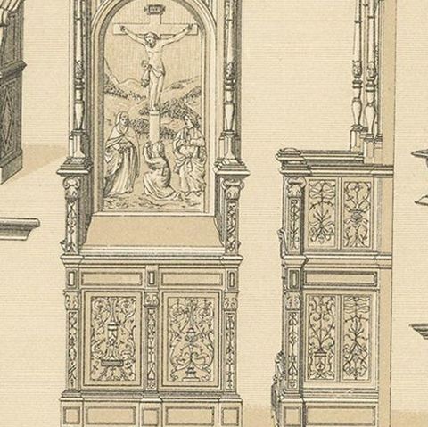 Pl 50 Antique Print of European 16th Century Furniture by Racinet, close-up 2