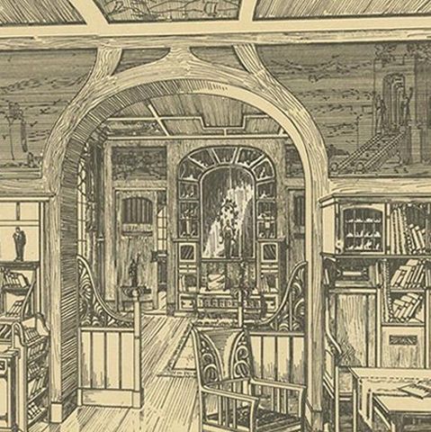 Decorative Antique Print of a Library, Published circa 1910, close-up 2
