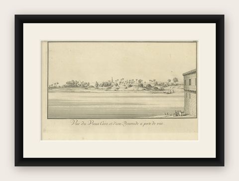 Old Cairo on the Nile with Distant Pyramids, Antique Egypt Engraving, c.1755, shown framed