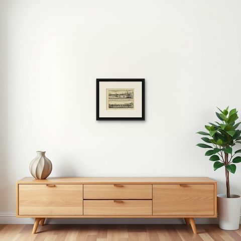 Antique Print with Views of the London Bridge and Westminster Bridge, 1754, shown framed on a wall, true to size