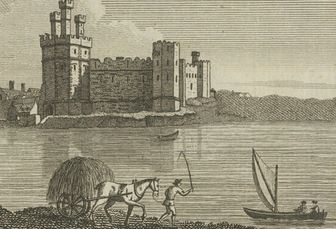 Caernarvon Castle in North Wales, Antique English Engraving by A.Hogg, ca.1785, close-up 2
