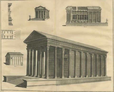 Monumental Roman Temple Architecture Engraving, Montfaucon 1721, close-up 1
