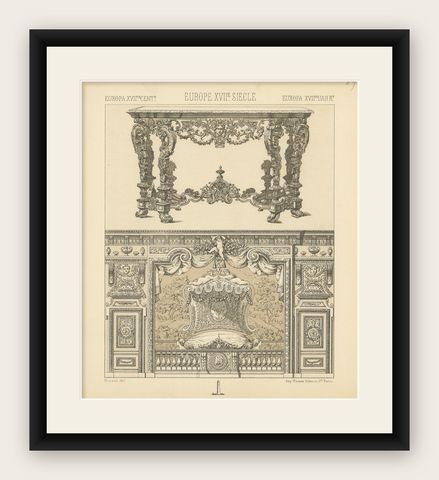 Pl. 89 Antique Print of European 17th Century Furniture by Racinet, circa 1880, shown framed