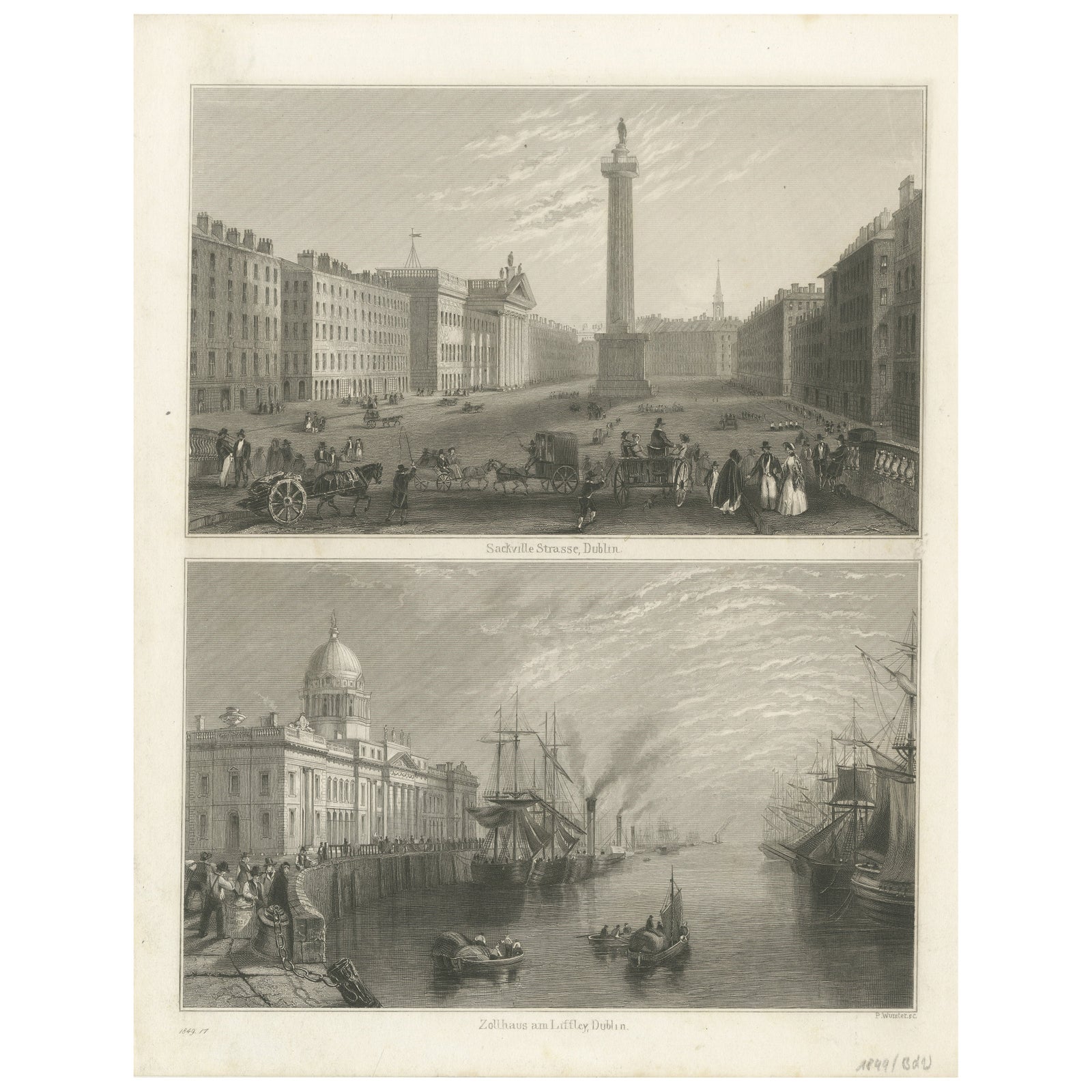Engraving of Sackville Street and Customs House, Dublin, 1849