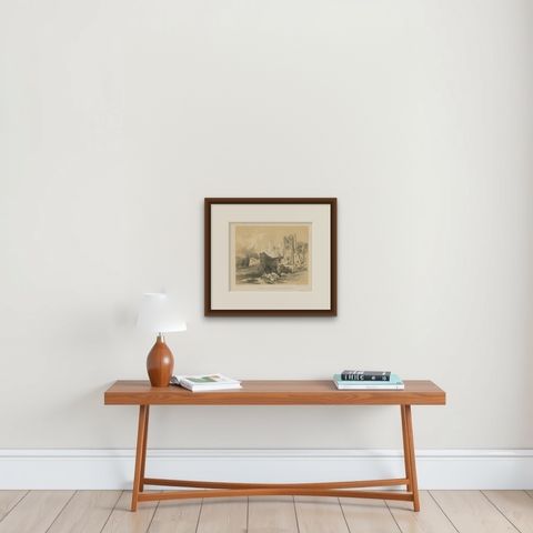 Old Print of an Idyllic Scene at the Historic Ruins of Rochester Castle, England, shown framed on a wall, true to size