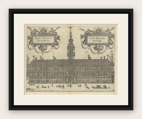 Rare 1582 Copper Engraving of Hanseatic House, Antwerp by Guicciardini, shown framed