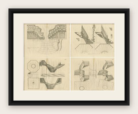 Baroque Elegance: Van der Horst's Staircase Engravings, 1739, shown framed