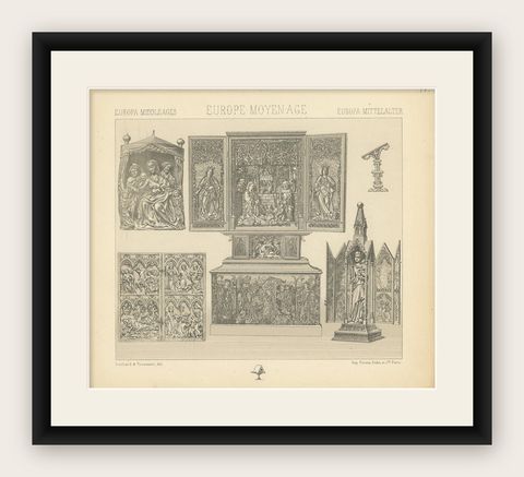 Pl. 11 Antique Print of European Decorative Objects by Racinet, circa 1880, shown framed