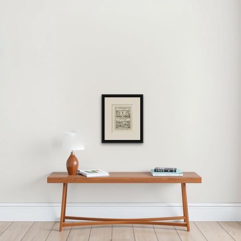 Antique Print of Siam Temples by Van Schley 'c.1750', shown framed on a wall, true to size