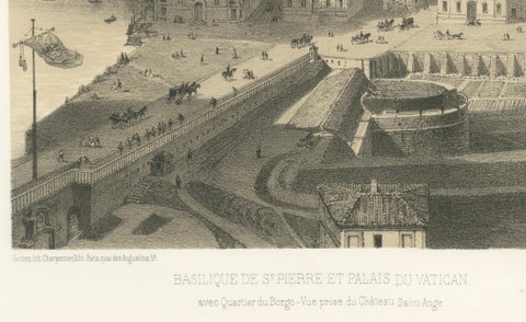 St Peter’s Basilica and Vatican Palace Panorama, Rome, Benoist 1869 Lithograph, close-up 3