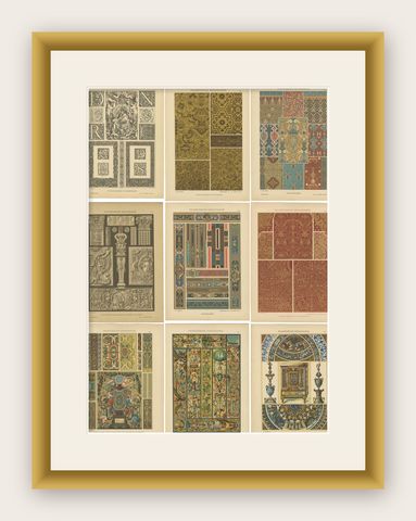 Grid of French Renaissance Artistic Designs, Published in 1887, shown framed
