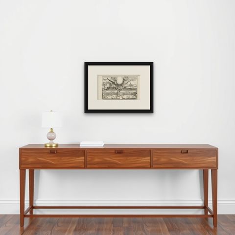 Original Antique Engraving of Buildings in Madrid in Spain, ca. 1700, shown framed on a wall, true to size