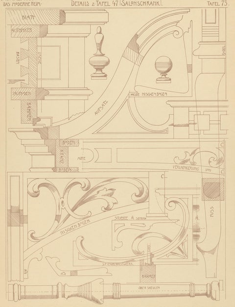 Pl 73 Antique Print of Furniture Details by Kramer, 'circa 1910', view 2