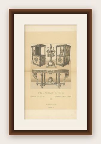 Pl 112 Antique Print of French 18th Century Furniture by Racinet, shown framed