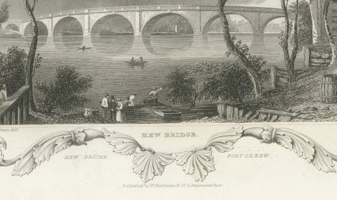 Charming Engraving of Kew Bridge over the River Thames, 1835, close-up 3