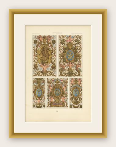 Pl. 92 Antique Print of 17th Century Decorative Paintings by Racinet, circa 1890, shown framed