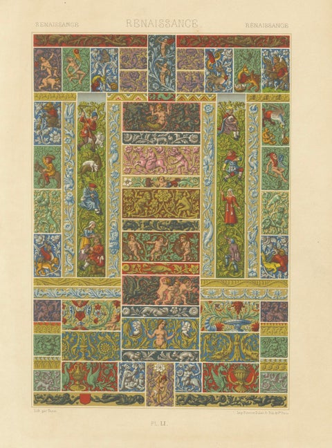 Renaissance Decorative Friezes, Grotesques, Cherubs & Heraldry, Plate LI, 1869, close-up 1