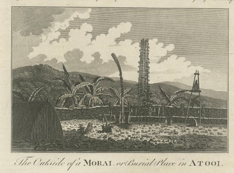 18th-Century Engraving of Hawaiian Morai and House Interior, c. 1780s, close-up 4