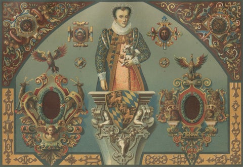 German Renaissance Painted Sculpture Print by Dolmetsch, Ornamentenschatz, 1887, close-up 6