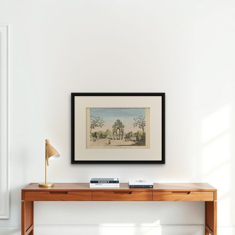 Antique Print of a Triumphal Arch in Guangzhou by Beauvais, circa 1700, shown framed on a wall, true to size