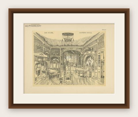 Antique Print of a Salon with Bay Window, circa 1910, shown framed
