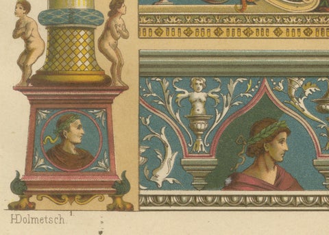 Italian Renaissance Architectural Frieze Print with Virtus Motto, 19th Century, close-up 3