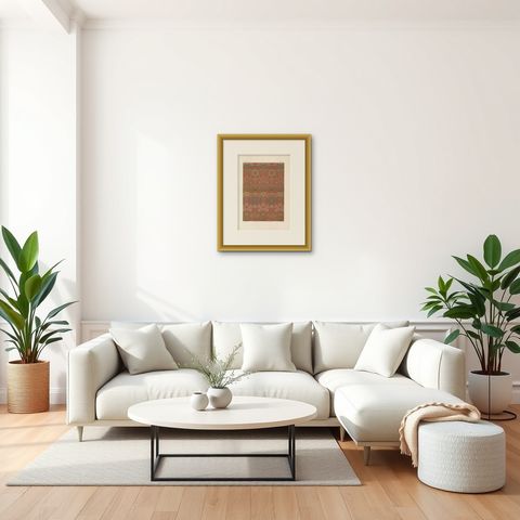 Antique Print of Silk and Gold Fabrics II 'Japan' by G. Audsley, 1882, shown framed in a room, true to size