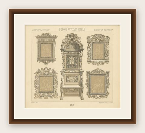 Pl. 75 Antique Print of European XVIth-XVIIth Furniture by Racinet 'circa 1880', shown framed
