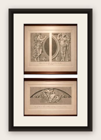 Antique Louvre Architectural Engravings Pair, French Neoclassical Reliefs, 1803, shown framed