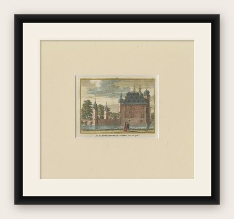 Antique Print of 'Huis Te Voorn', a Castle in De Meern, the Netherlands, shown framed
