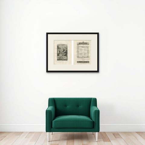 Antique French Architectural Engravings Pair, Baltard Louvre Plates, Paris 1803, shown framed on a wall, true to size
