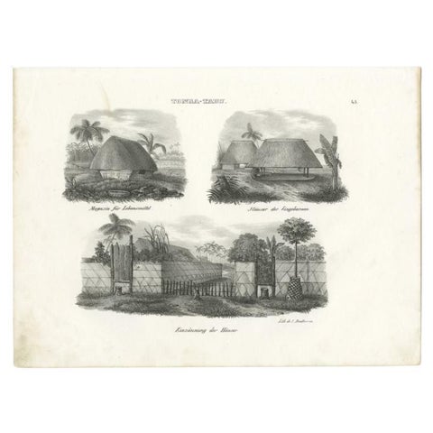 Original Antique Engraving of Various Houses of Tonga Tabu, c.1836, view 2