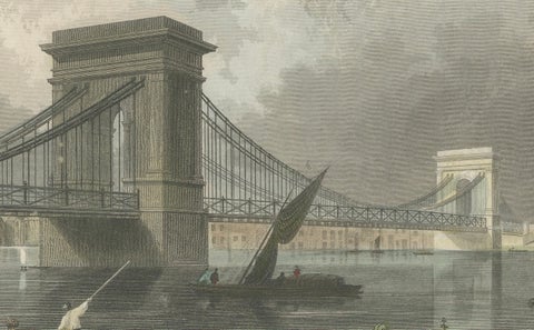 1828 Aquatint Vista of Hammersmith Bridge Over the Thames, close-up 1