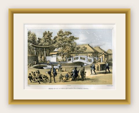 19th Century Temple Entrance and Stone Bridge in Shimoda, Japan, 1856, shown framed