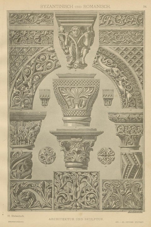 Byzantine and Romanesque Architectural Ornament Print by H. Dolmetsch, 1887, close-up 1