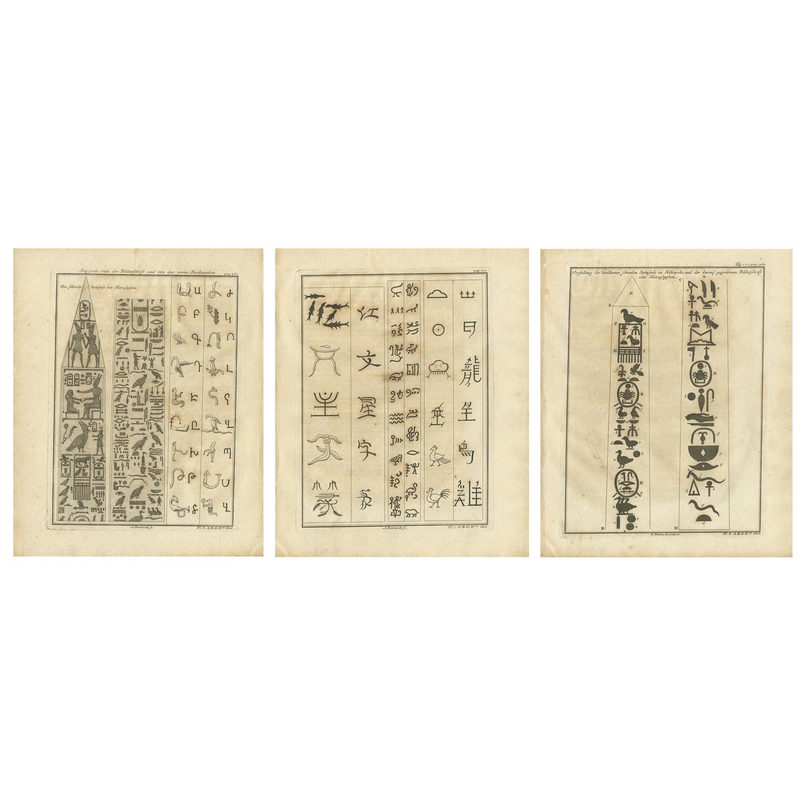 Set of 3 Original Antique Prints of the Column in Heliopolis and Hyroglyphs