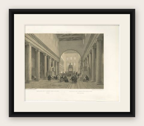 Basilica of San Lorenzo fuori le Mura Interior, Rome, Benoist 1869 Lithograph, shown framed