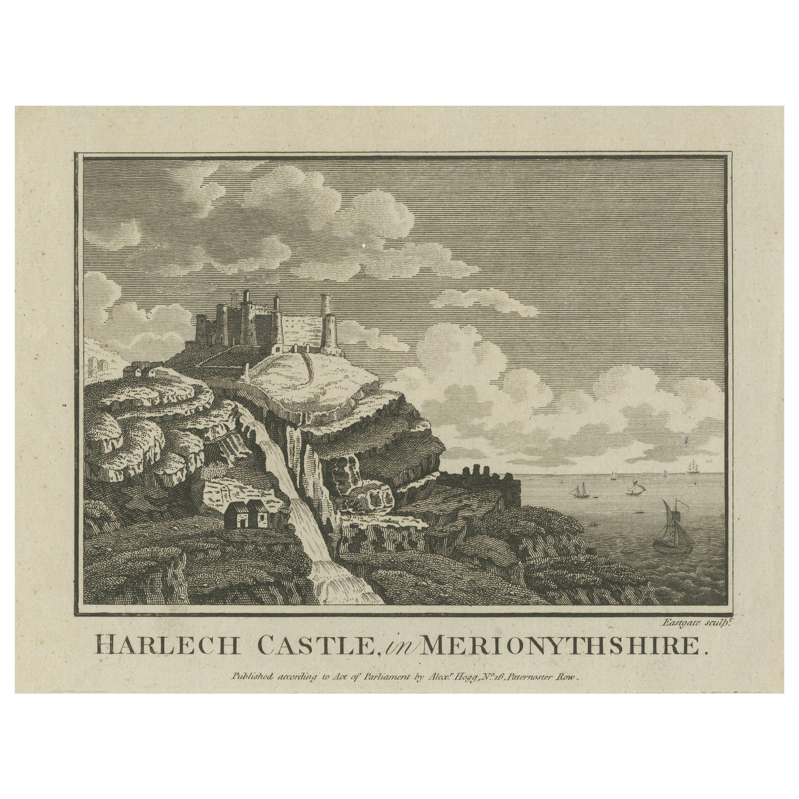 Antique engraving of Harlech Castle, Merionethshire, published by A.Hogg, c.1790
