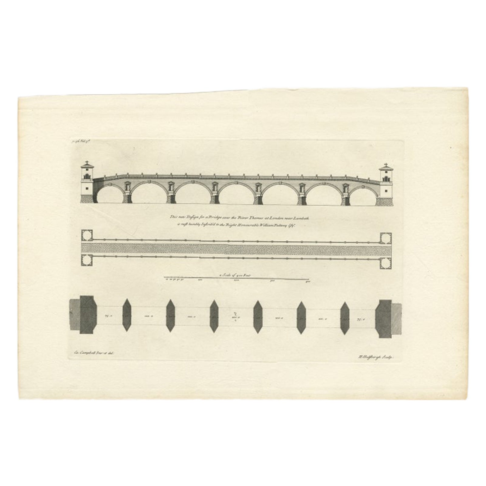 Antique Print of a Design for a Bridge across the Thames, London, England, 1725