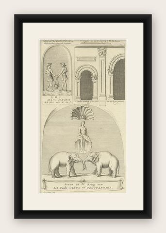 Old Print of Stone with Elephants from the Bridge of Constantine, Algeria, 1773, shown framed