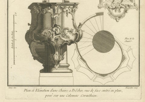 Old Baroque Pulpit Design with Corinthian Column and Staircase Plan, ca.1740, close-up 1