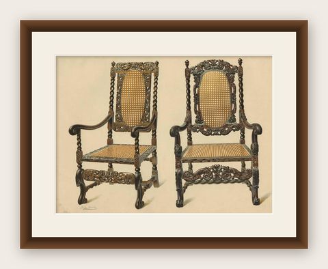 Antique Print of English Furniture 'Two Chairs' by P. Macquoid, 1906, shown framed