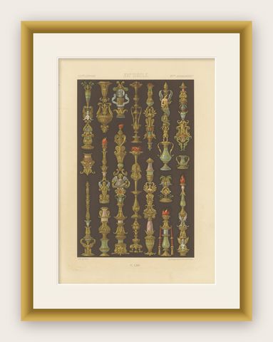 Renaissance Ornament Print, 16th-Century Candlestick and Urn Designs, 1869, shown framed