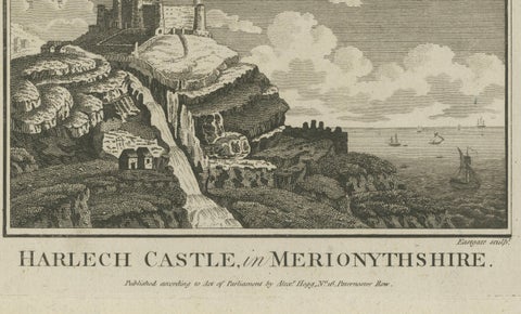 Antique engraving of Harlech Castle, Merionethshire, published by A.Hogg, c.1790, close-up 1