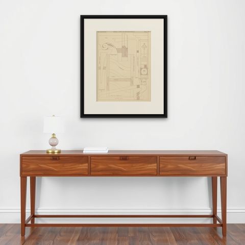 Pl. 79 Antique Print of Furniture Details by Kramer, circa 1910, shown framed on a wall, true to size