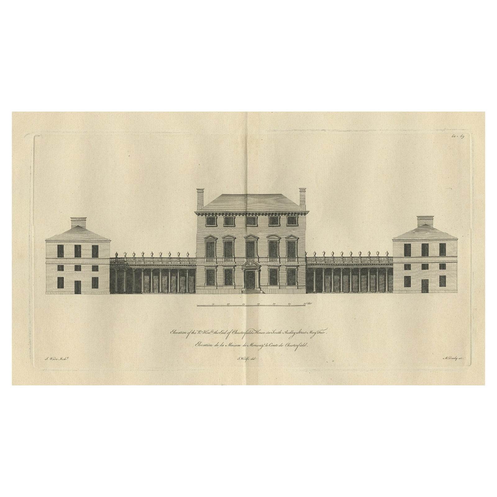 Old Engraving of Chesterfield House, Westminster in London, Uk, ca.1770