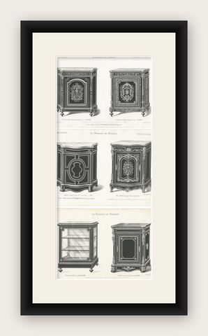Set of 3 Antique Furniture Prints of Buffets and a Vitrine by Quetin, shown framed