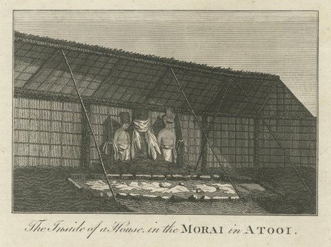 18th-Century Engraving of Hawaiian Morai and House Interior, c. 1780s, close-up 3