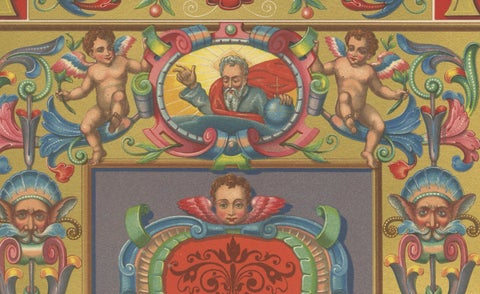 Renaissance Ornament Print, “Por la Gracia de Dios” with Cherubs & Scrollwork, close-up 5